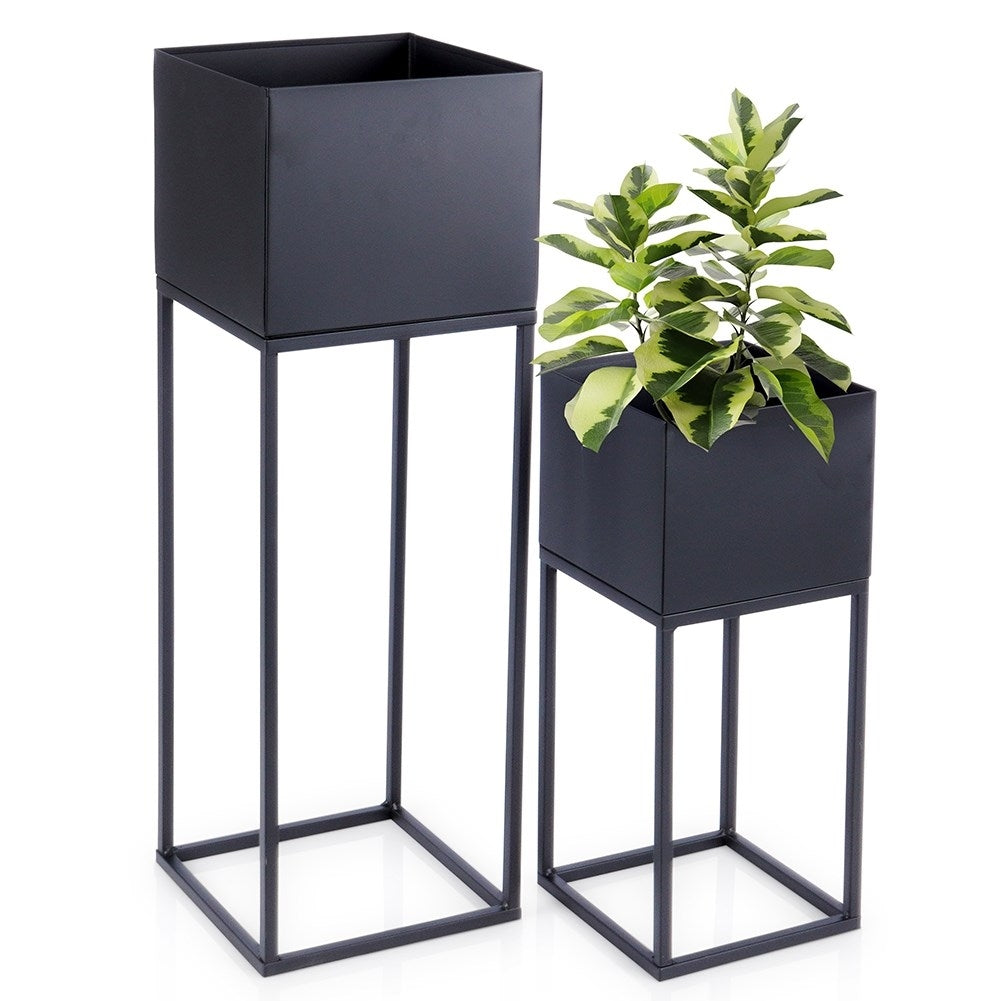 Set of 2 flower pots on stands, metal, black matt