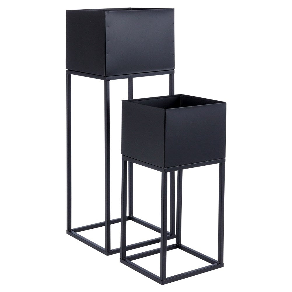 Set of 2 flower pots on stands, metal, black matt