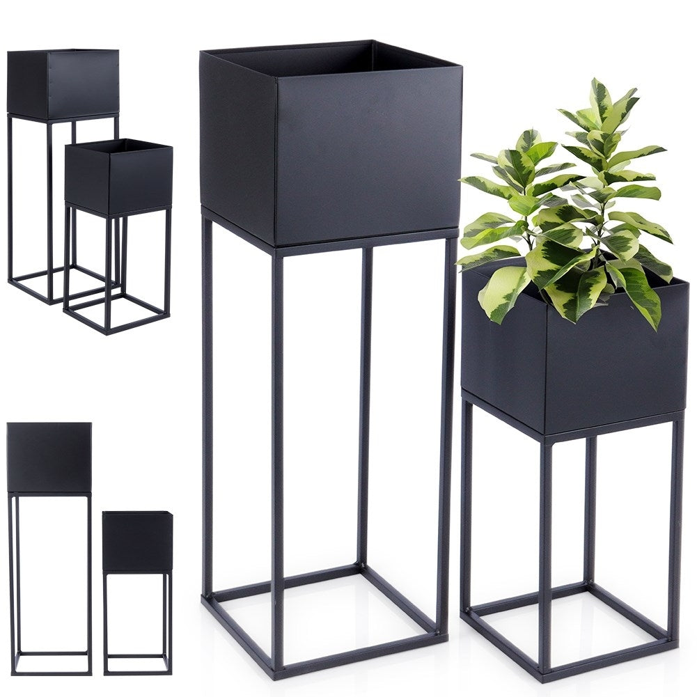 Set of 2 flower pots on stands, metal, black matt