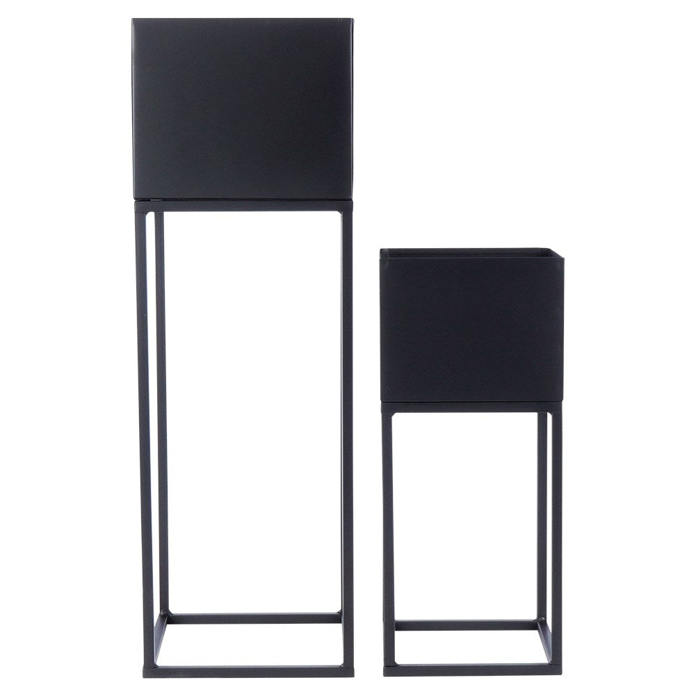 Set of 2 flower pots on stands, metal, black matt