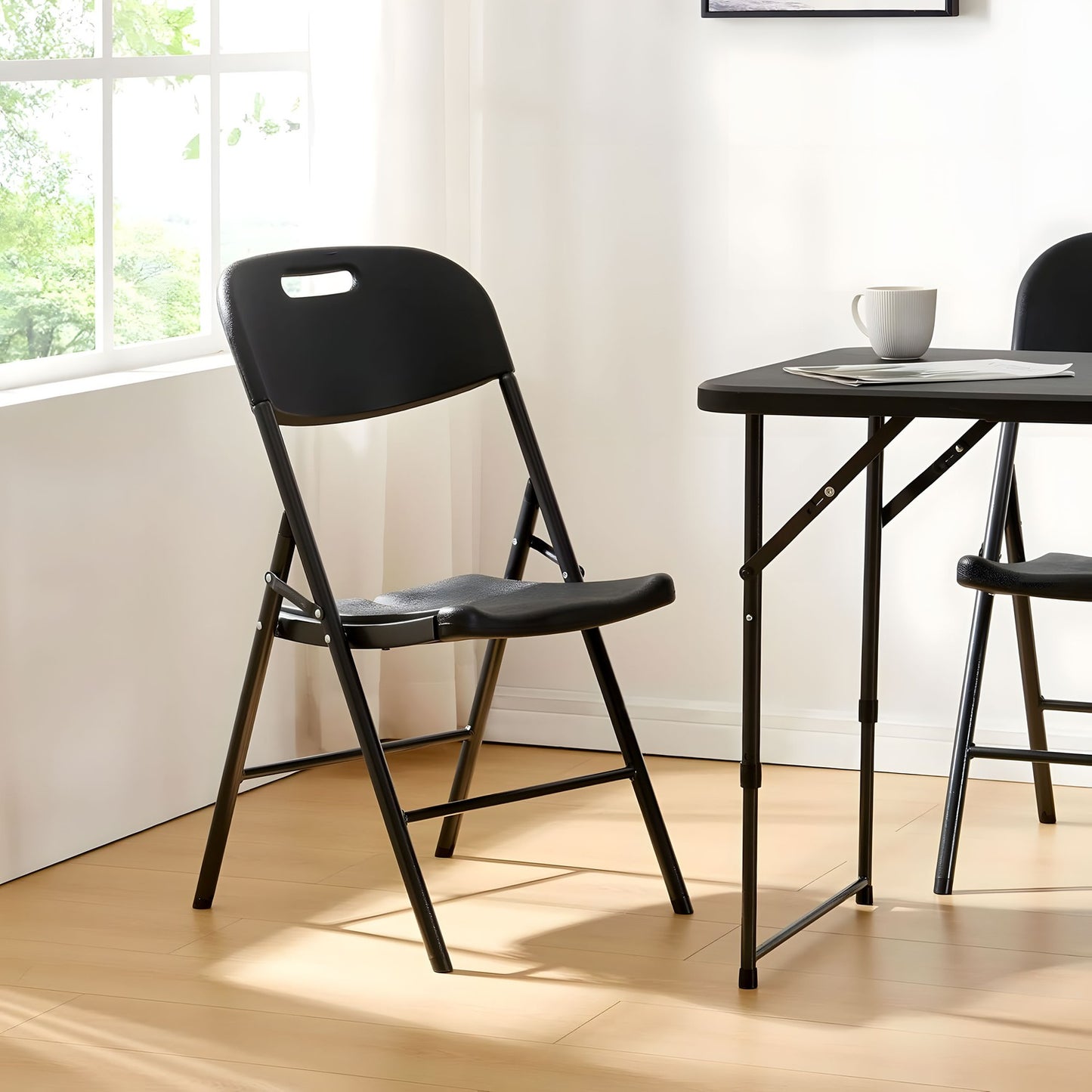 Set of 2 folding chairs, catering set, metal, HDPE, black, ModernHome