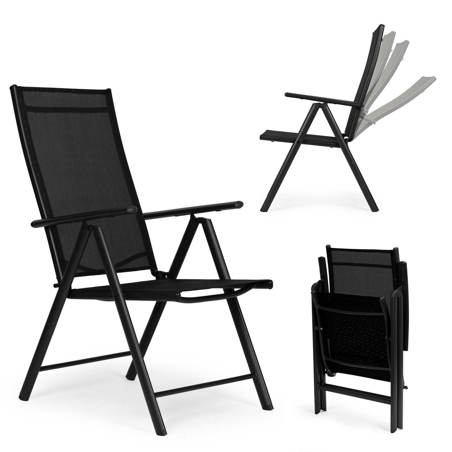 Set of 2 folding garden chairs, steel, adjustable backrest, black, MultiGarden