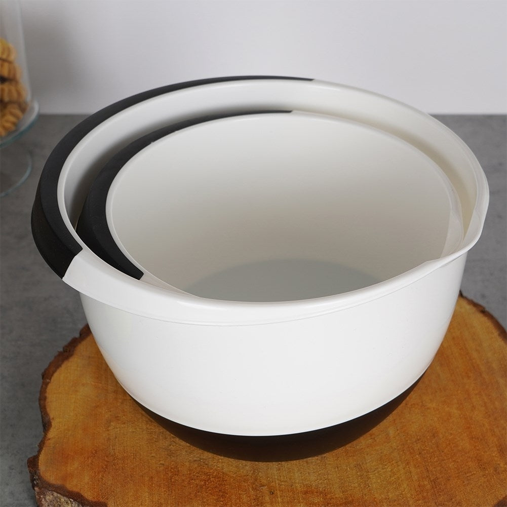 Set of 2 kitchen bowls: handle, non-slip base, 18.5 & 22.5 cm