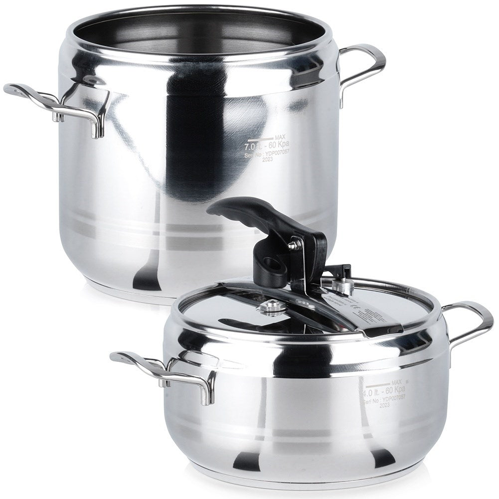 Set of 2 pressure cookers: 4 & 7L, stainless steel, safety valves