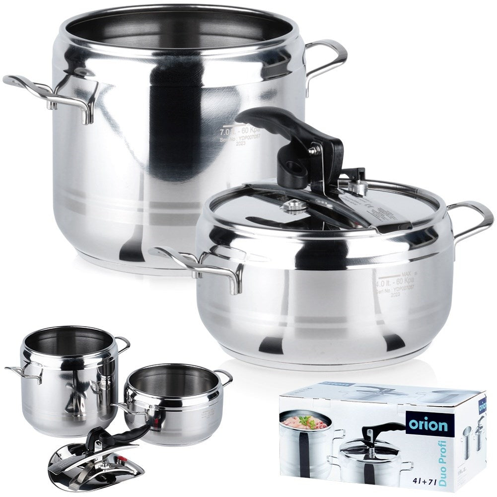Set of 2 pressure cookers: 4 & 7L, stainless steel, safety valves