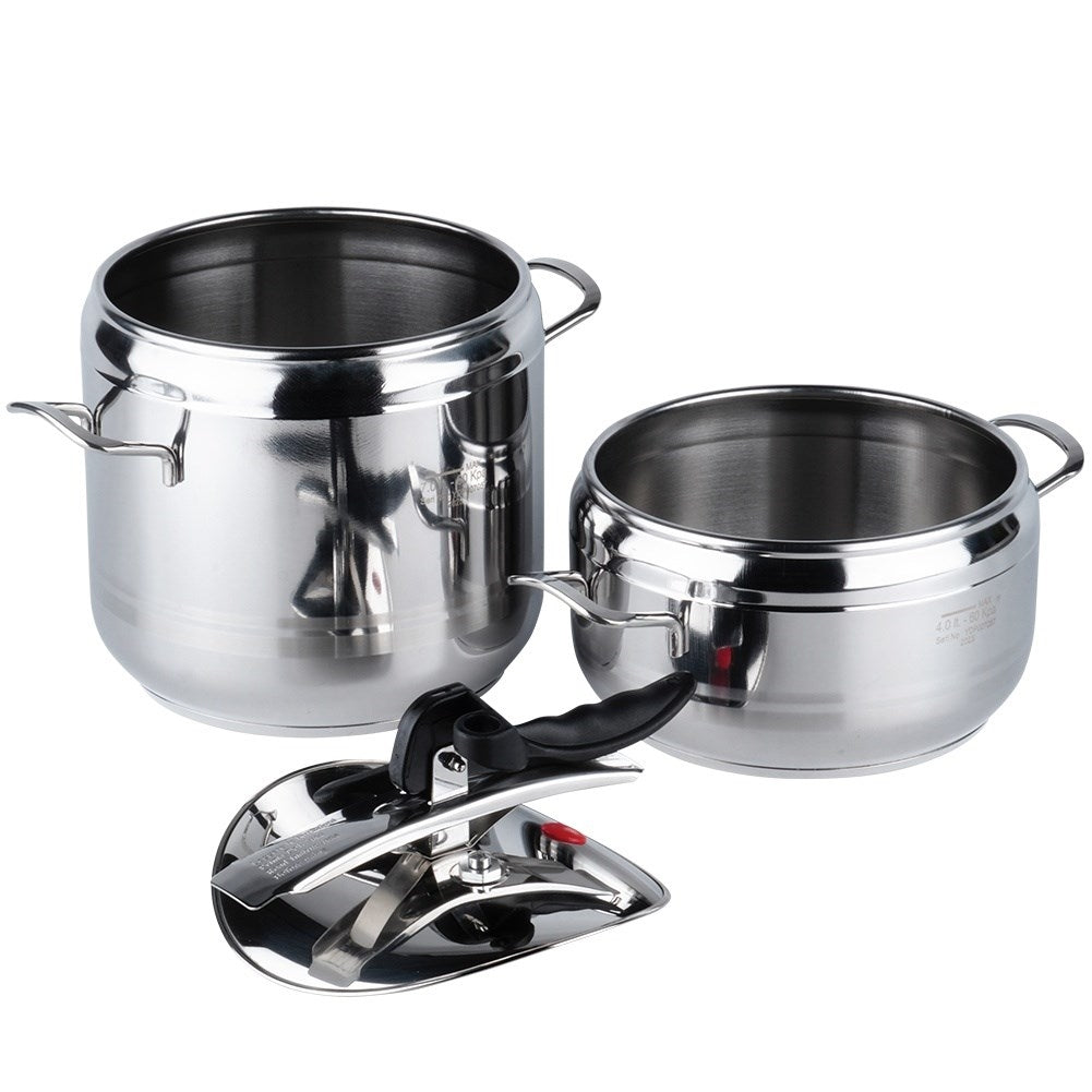 Set of 2 pressure cookers: 4 & 7L, stainless steel, safety valves