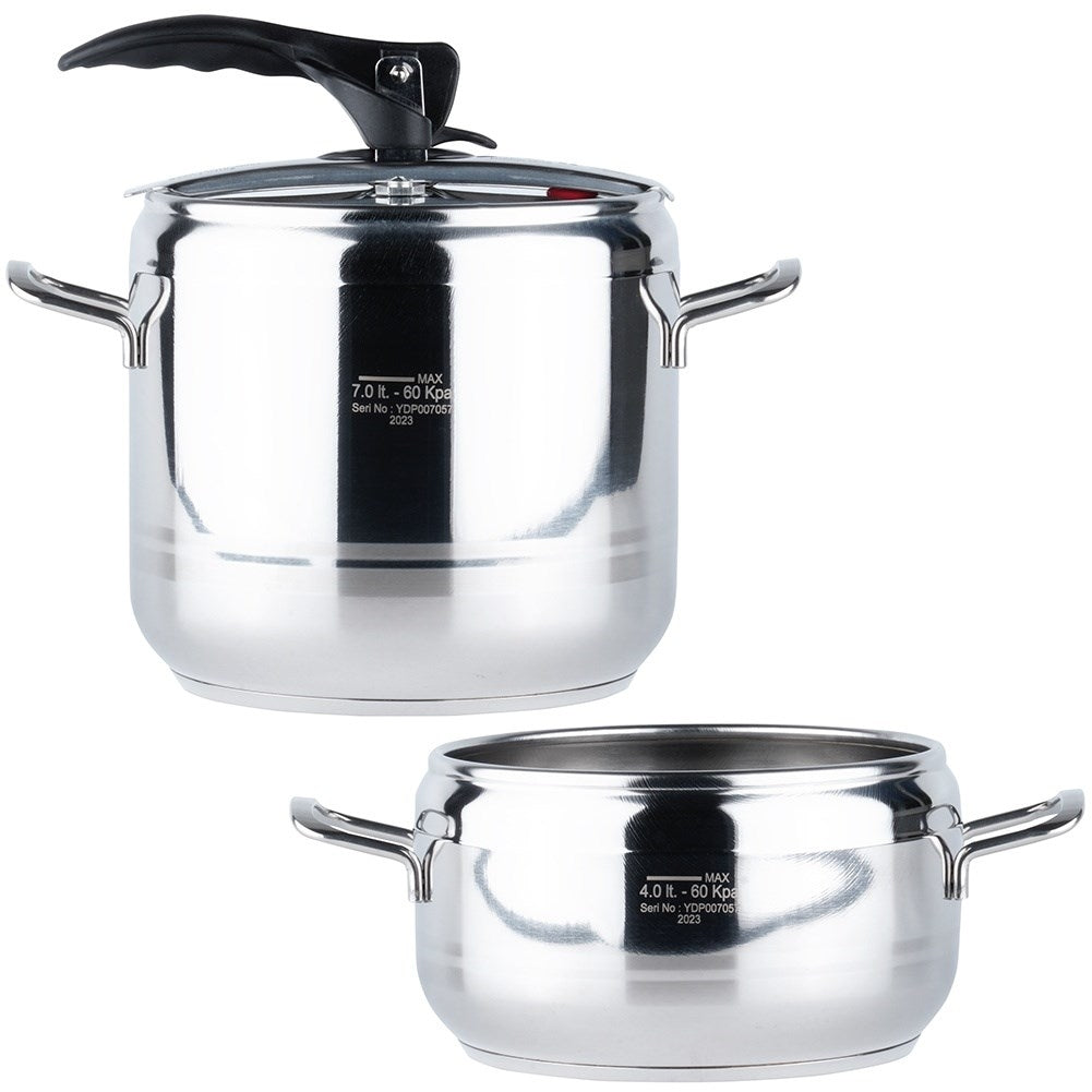 Set of 2 pressure cookers: 4 & 7L, stainless steel, safety valves