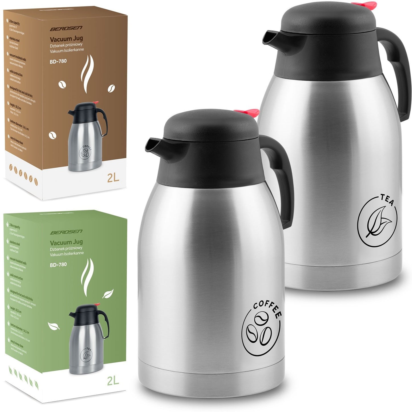 Set of 2 vacuum jugs for coffee and tea, 2 liters, Berdsen BD-780