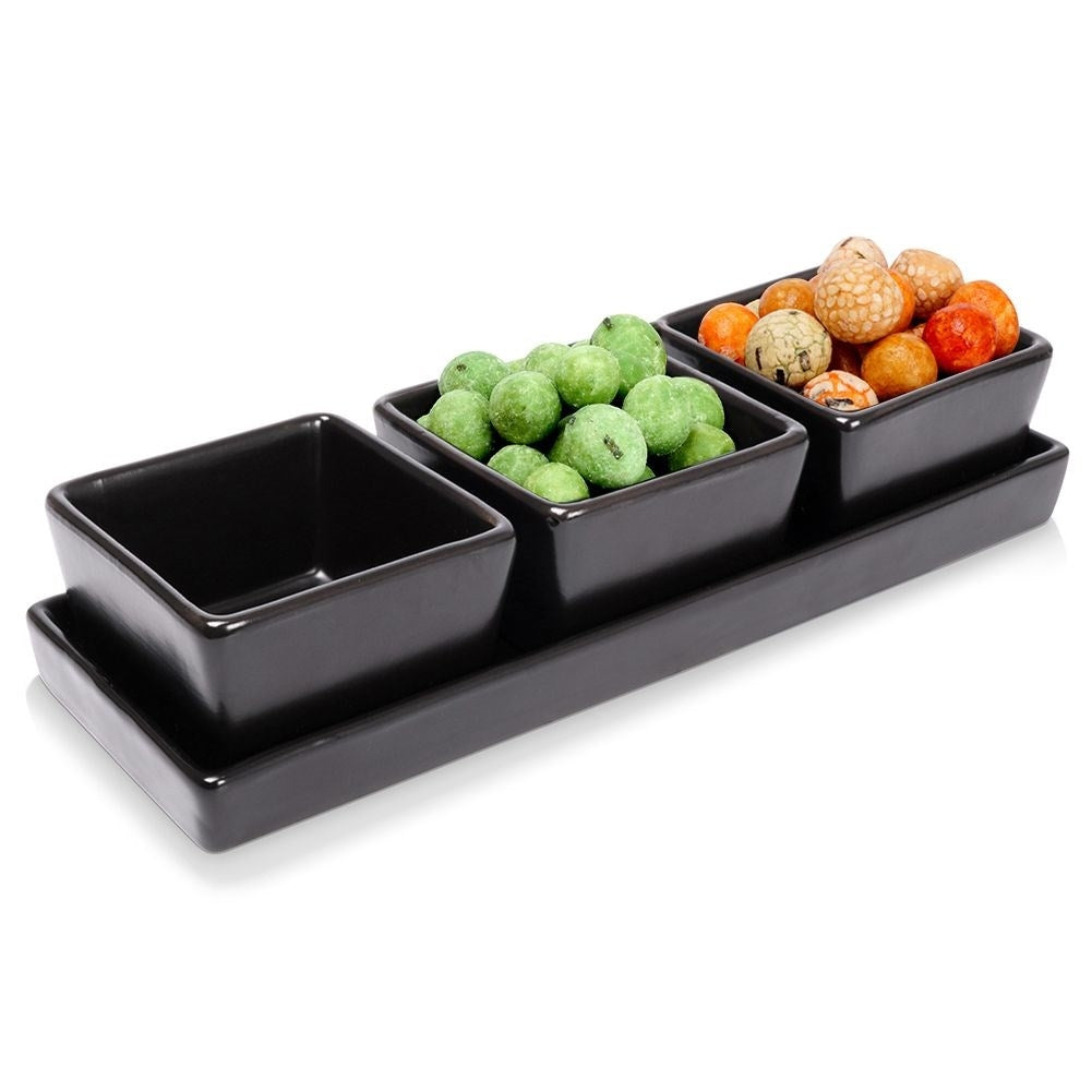 Set of 3 black ceramic bowls on tray for serving
