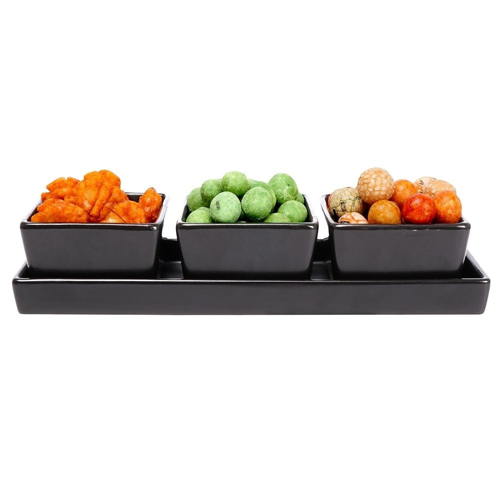 Set of 3 black ceramic bowls on tray for serving