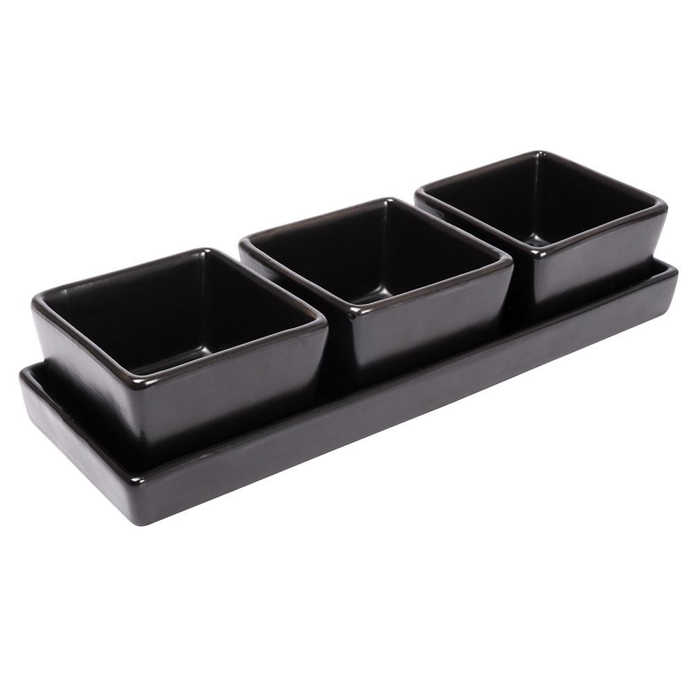 Set of 3 black ceramic bowls on tray for serving