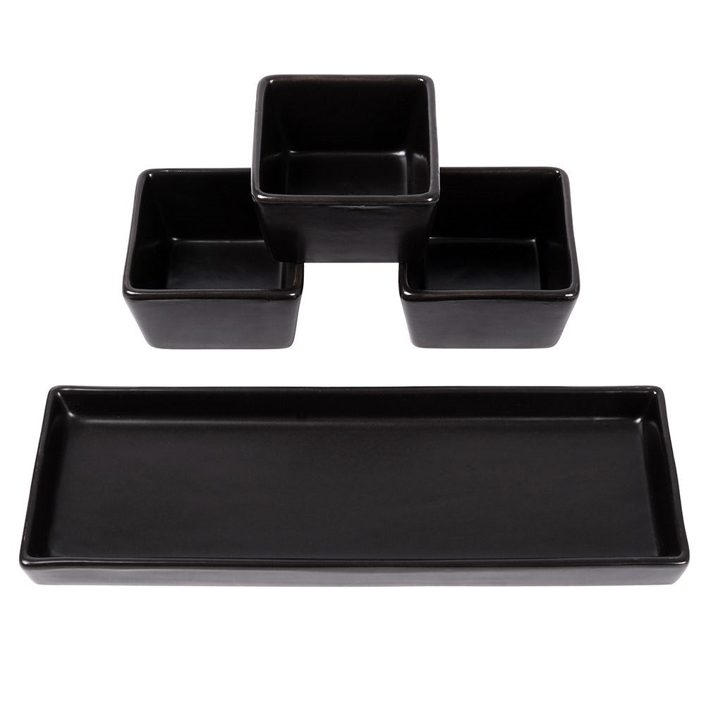 Set of 3 black ceramic bowls on tray for serving