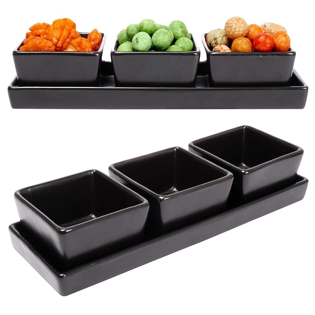 Set of 3 black ceramic bowls on tray for serving