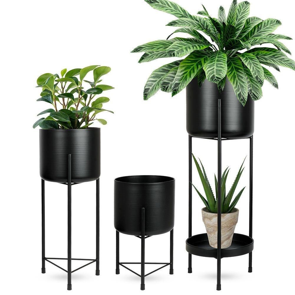 Set of 3 black flower pots on a stand for elegance