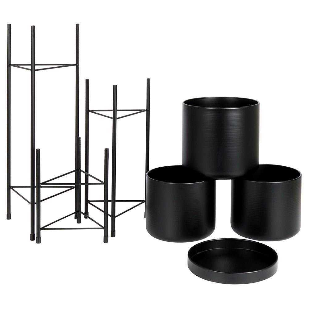 Set of 3 black flower pots on a stand for elegance