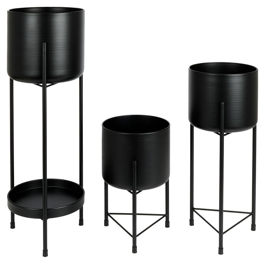 Set of 3 black flower pots on a stand for elegance