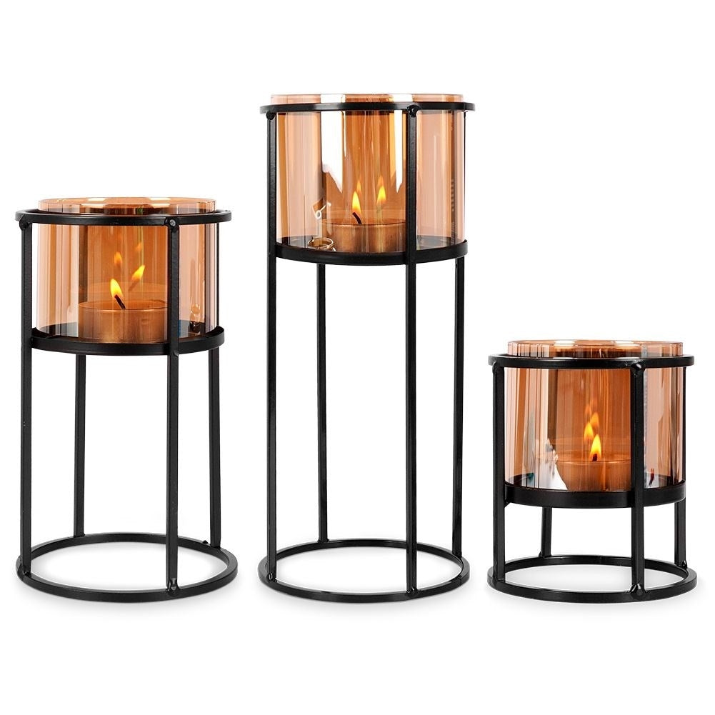 Set of 3 black metal candlesticks for tealights and regular candles