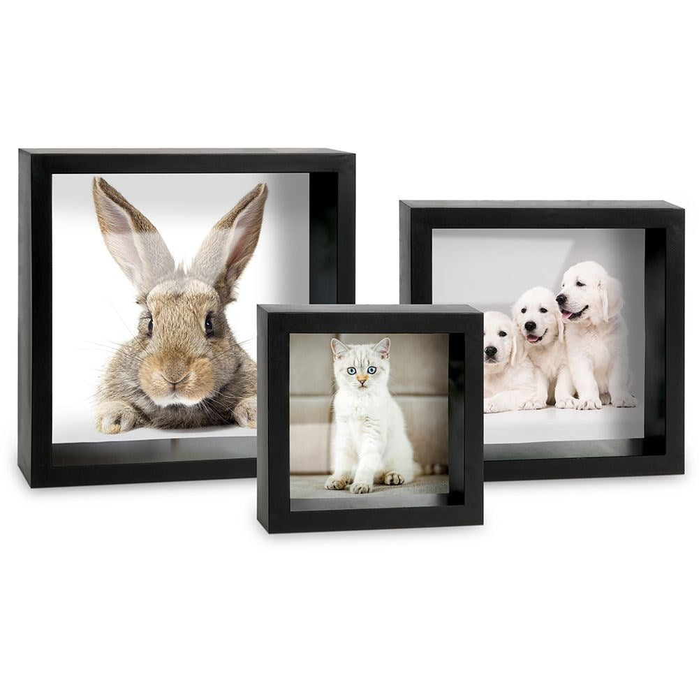 Set of 3 black photo frames in different sizes with glass front