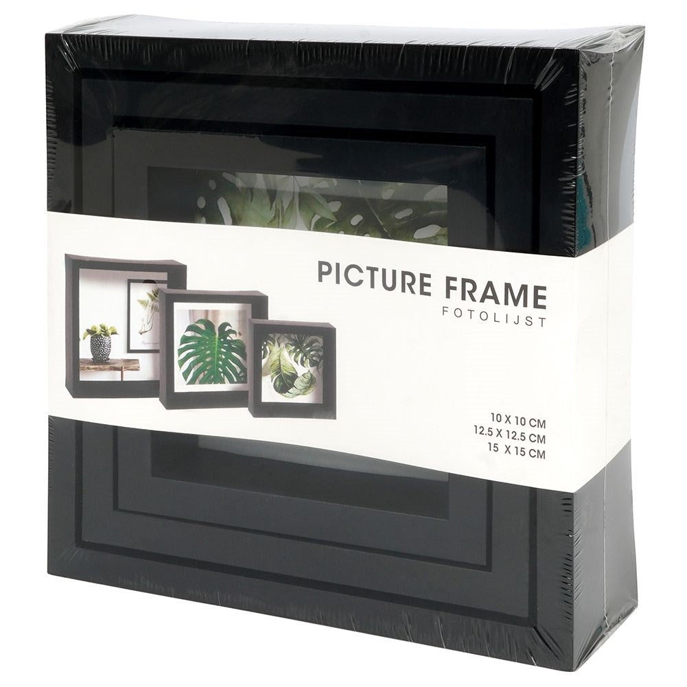 Set of 3 black photo frames in different sizes with glass front