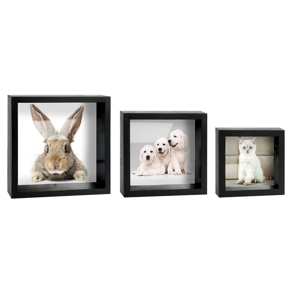 Set of 3 black photo frames in different sizes with glass front
