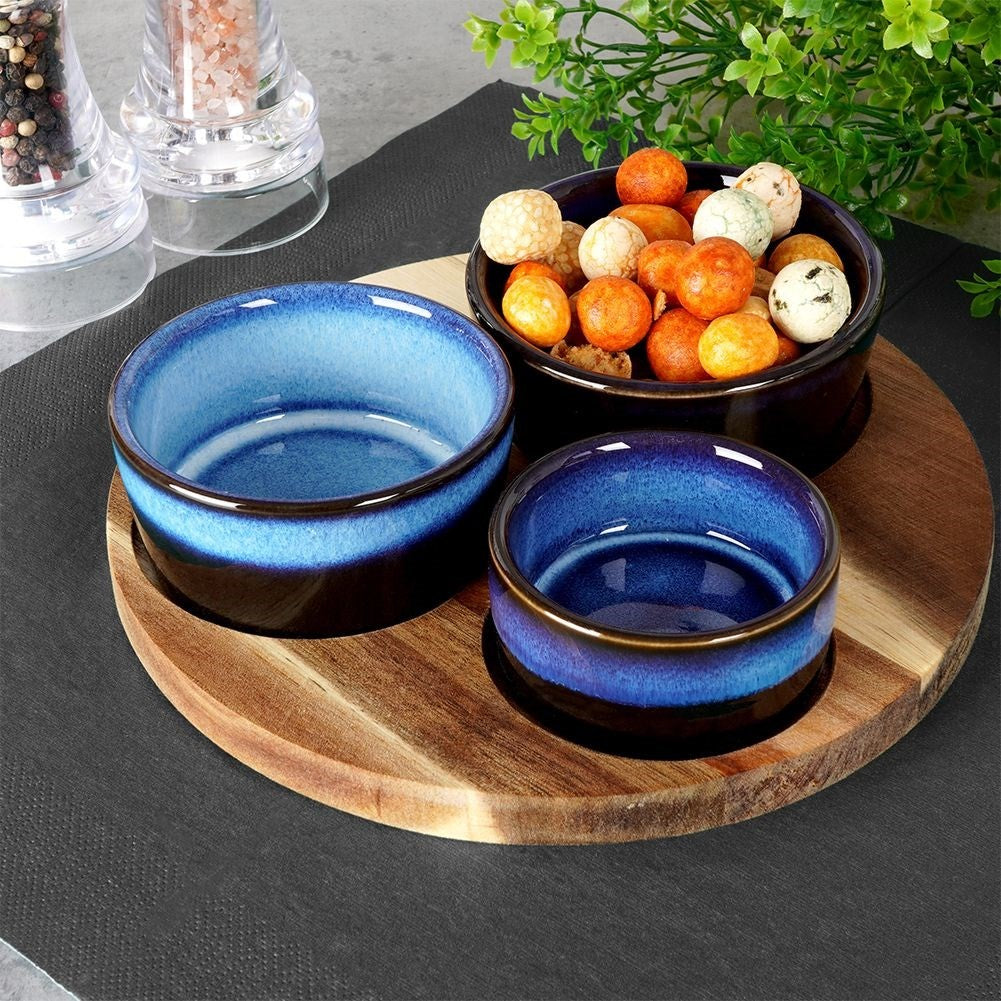 Set of 3 bowls on acacia tray for snacks and dips