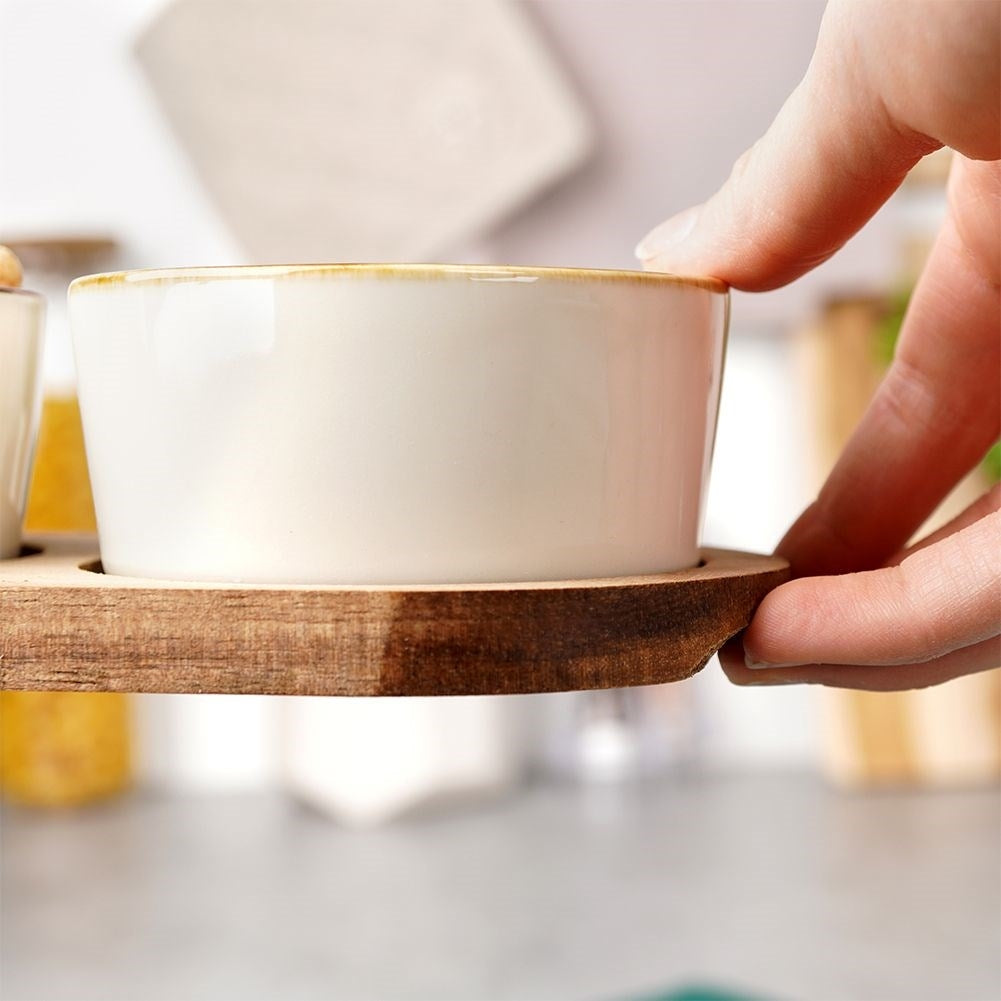 Set of 3 bowls on acacia tray for snacks and dips