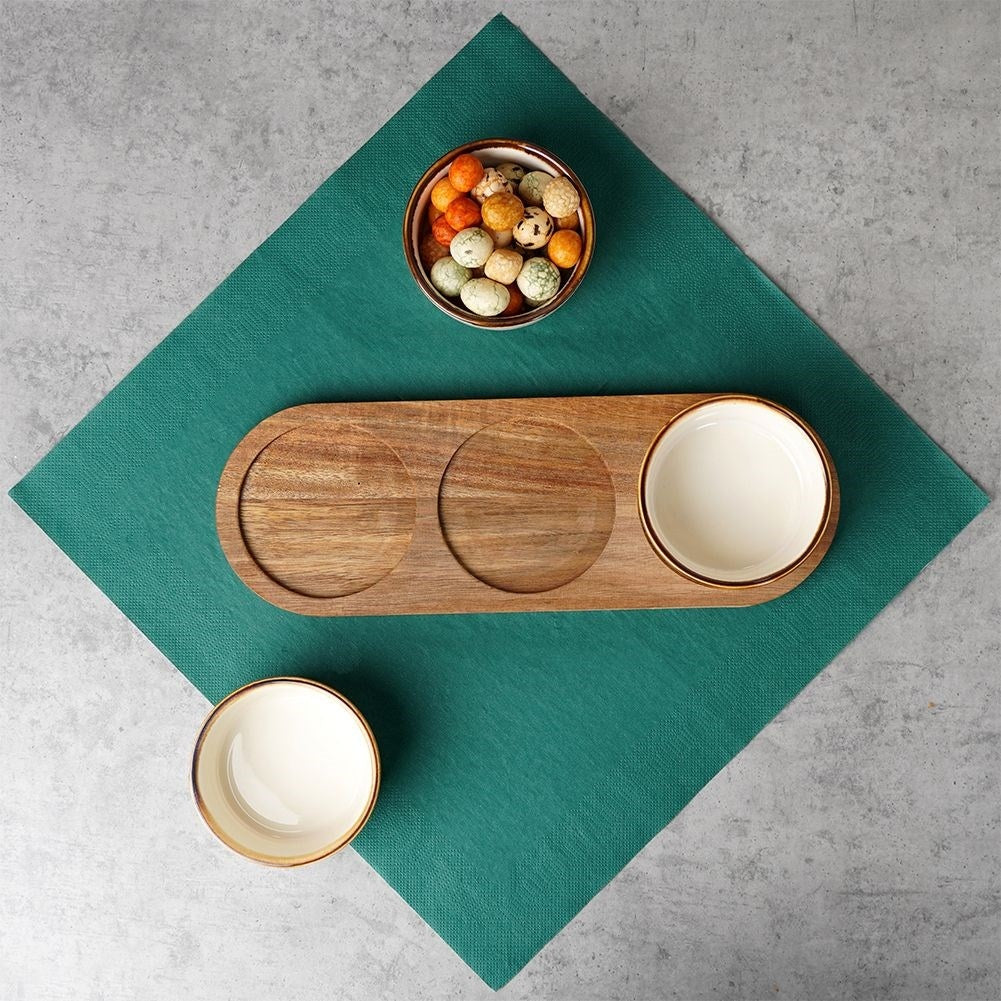 Set of 3 bowls on acacia tray for snacks and dips