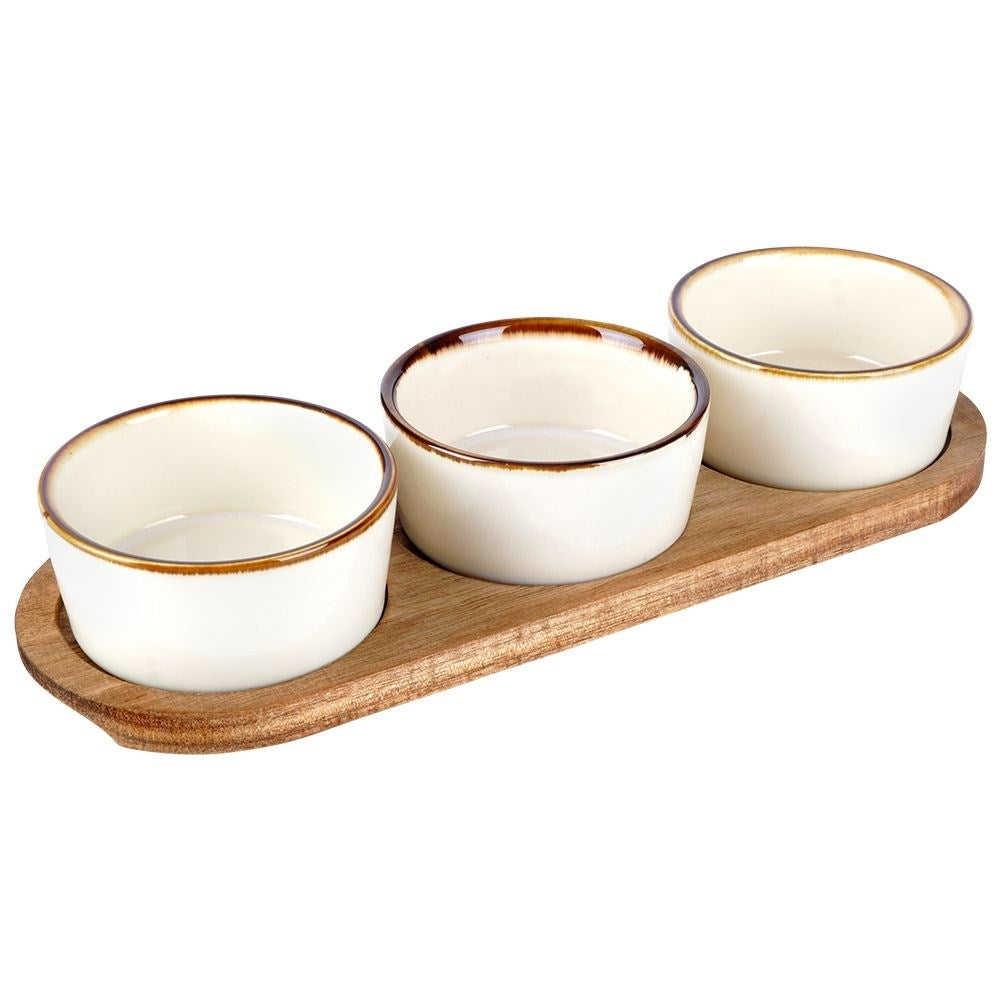 Set of 3 bowls on acacia tray for snacks and dips