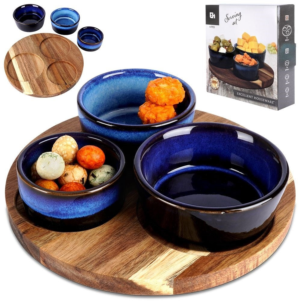 Set of 3 bowls on acacia tray for snacks and dips