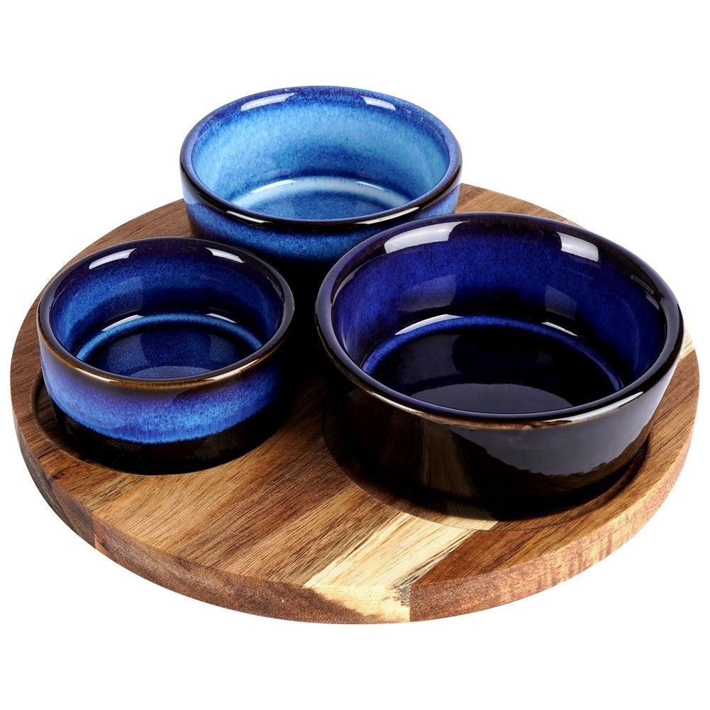 Set of 3 bowls on acacia tray for snacks and dips