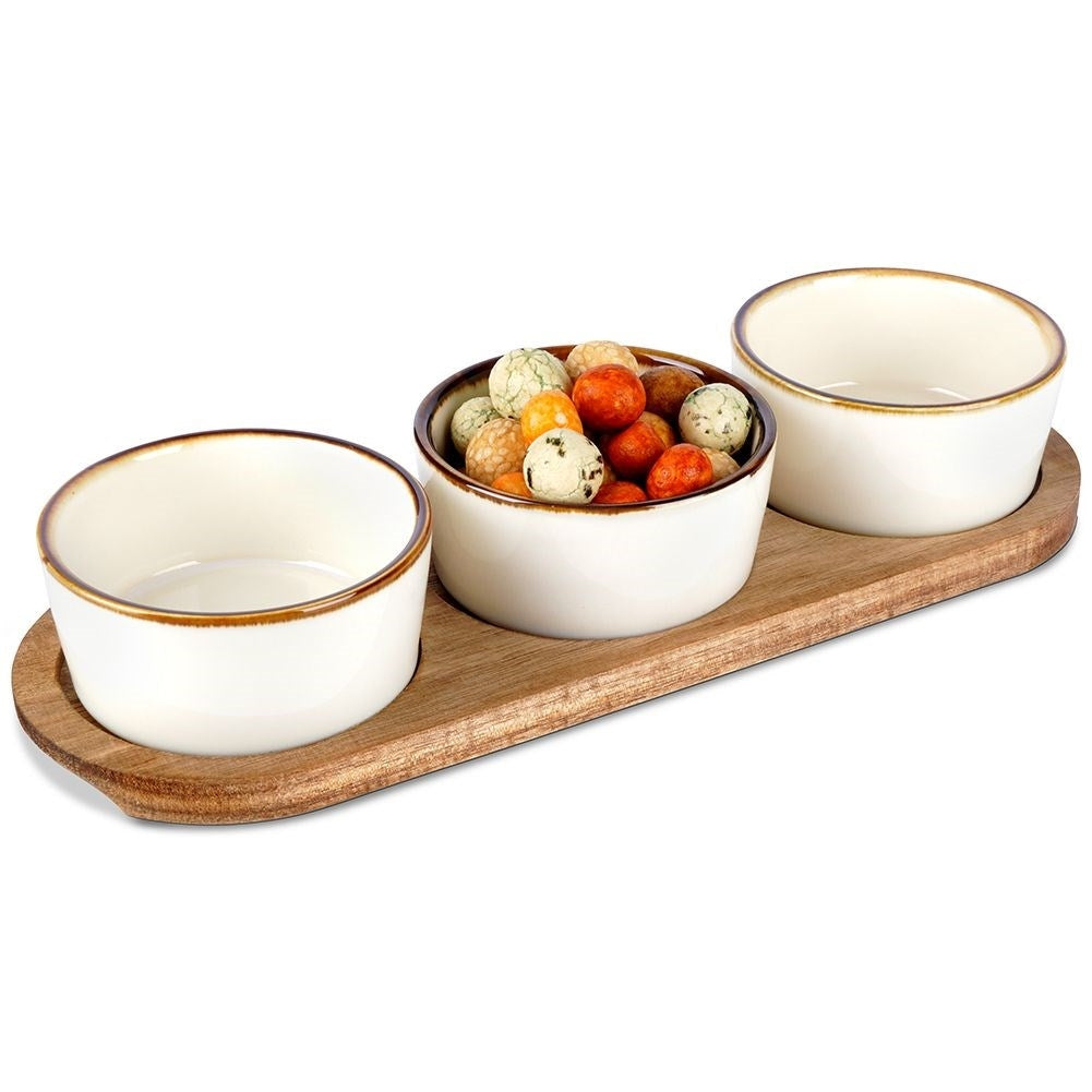 Set of 3 bowls on acacia tray for snacks and dips