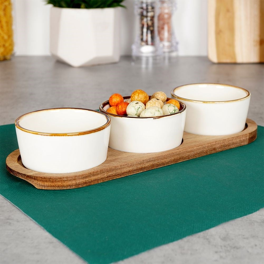 Set of 3 bowls on acacia tray for snacks and dips