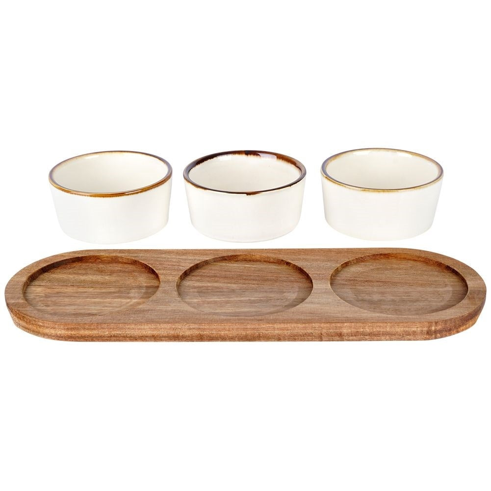 Set of 3 bowls on acacia tray for snacks and dips