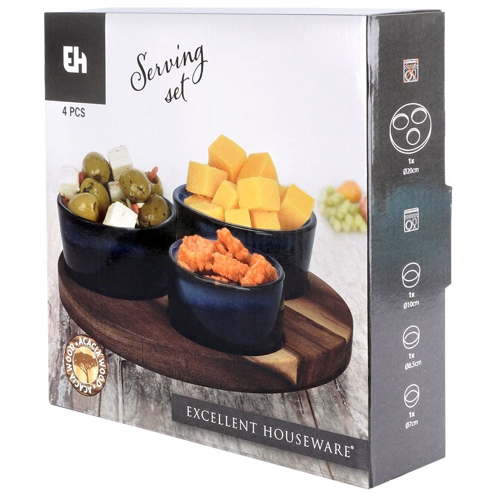 Set of 3 bowls on acacia tray for snacks and dips