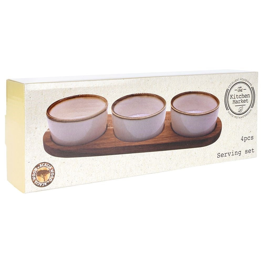 Set of 3 bowls on acacia tray for snacks and dips