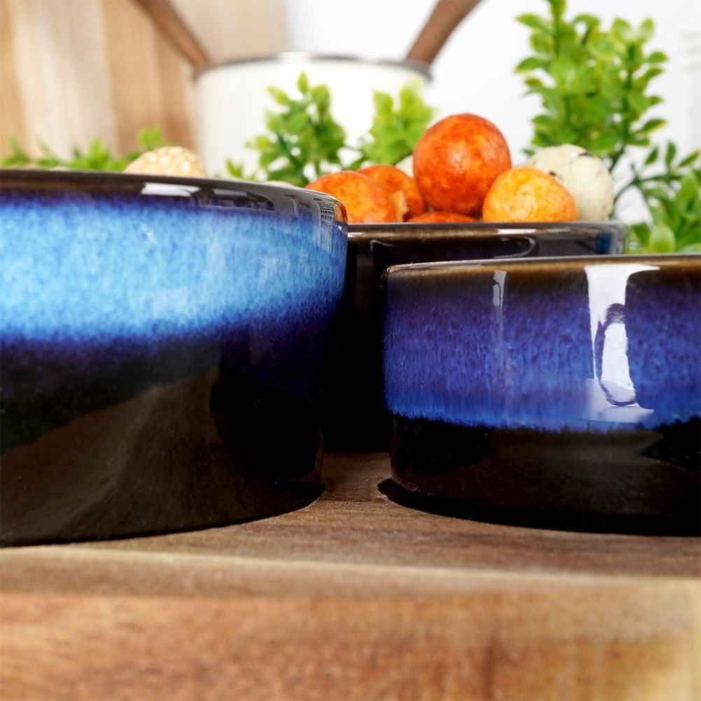 Set of 3 bowls on acacia tray for snacks and dips