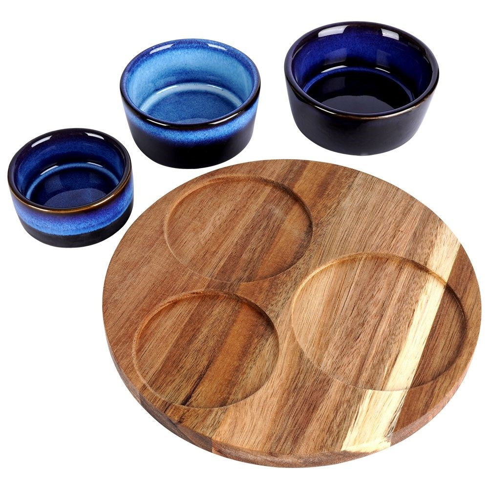 Set of 3 bowls on acacia tray for snacks and dips