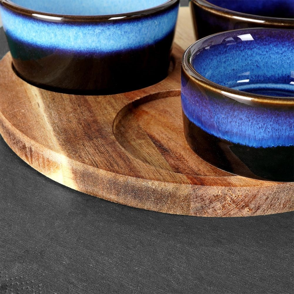 Set of 3 bowls on acacia tray for snacks and dips