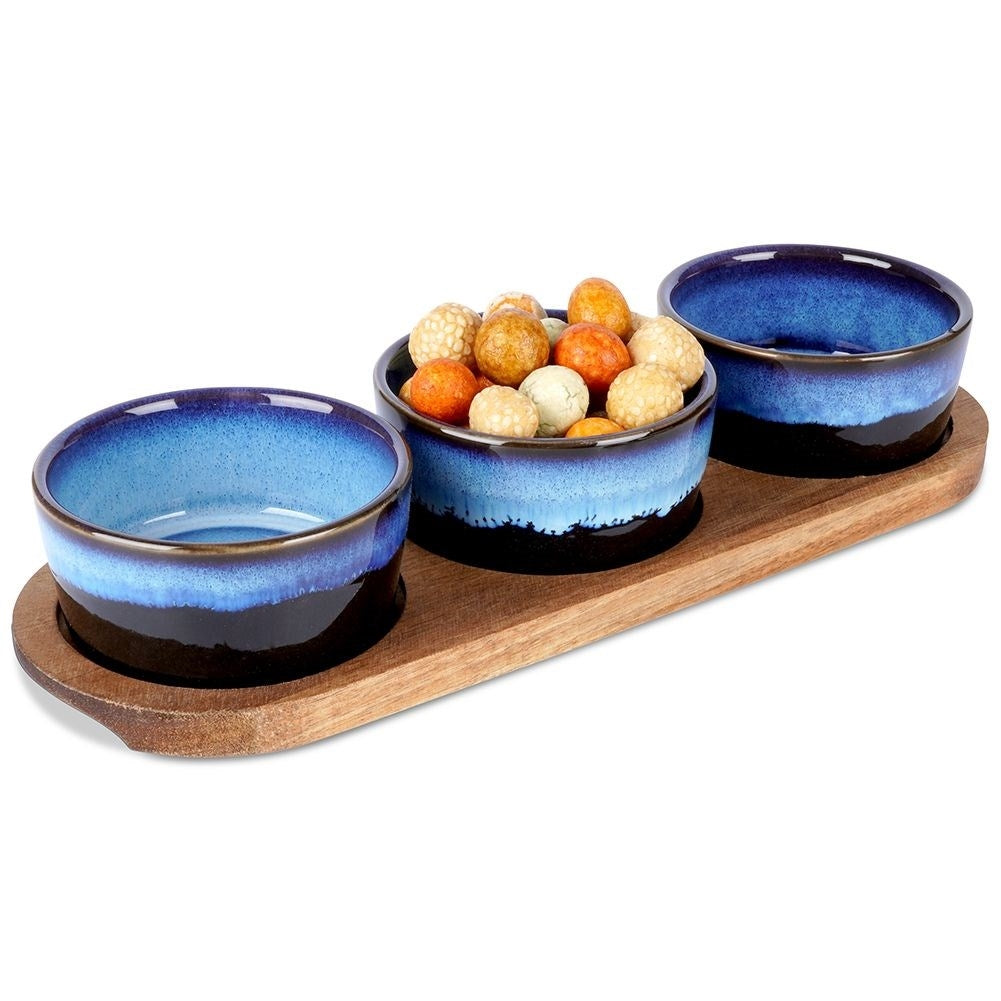 Set of 3 ceramic bowls on acacia tray for snacks and dips