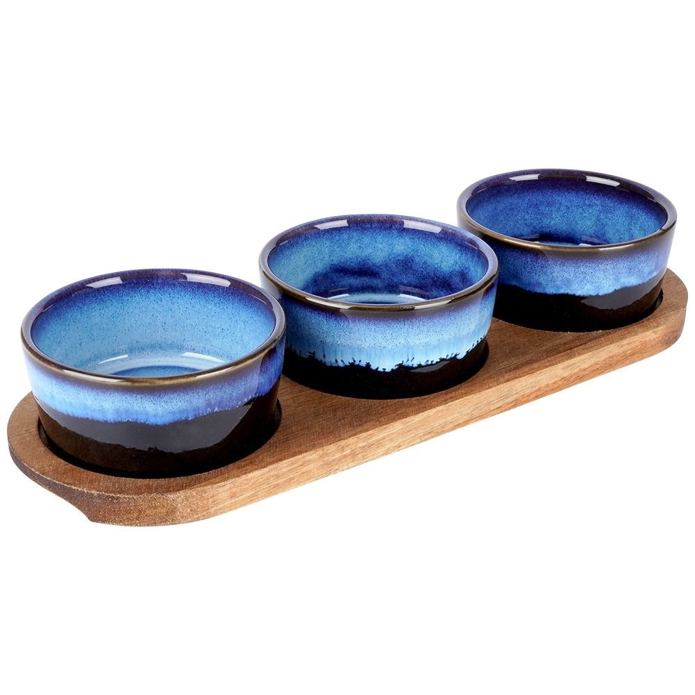 Set of 3 ceramic bowls on acacia tray for snacks and dips