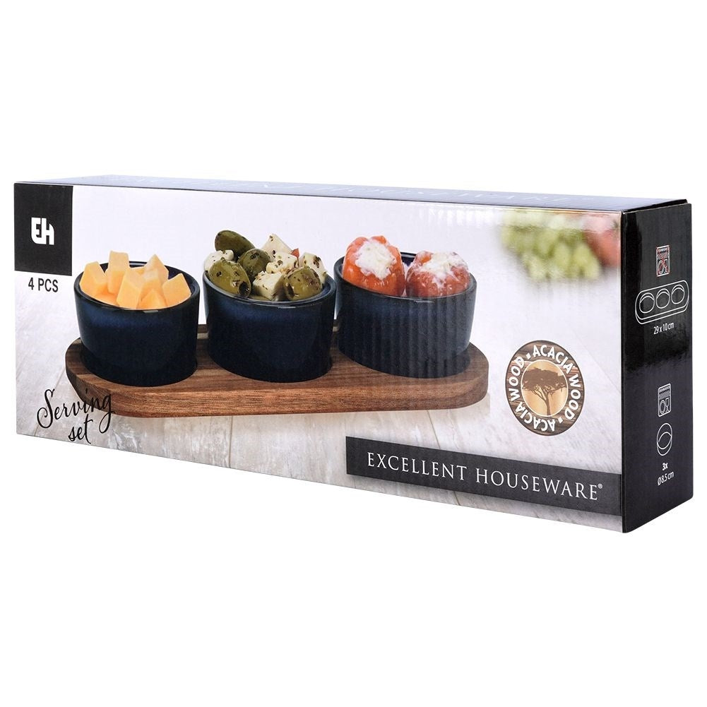 Set of 3 ceramic bowls on acacia tray for snacks and dips