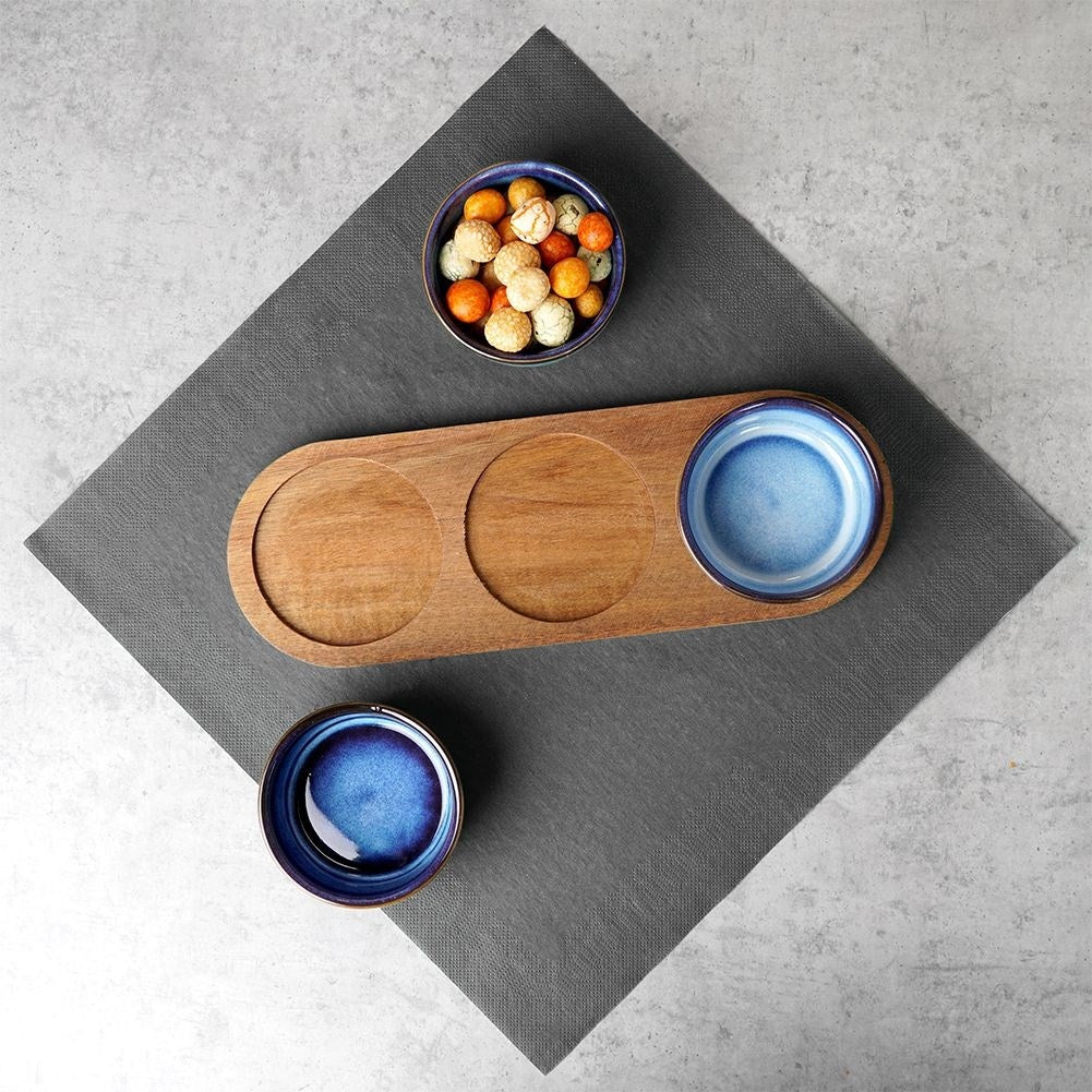 Set of 3 ceramic bowls on acacia tray for snacks and dips