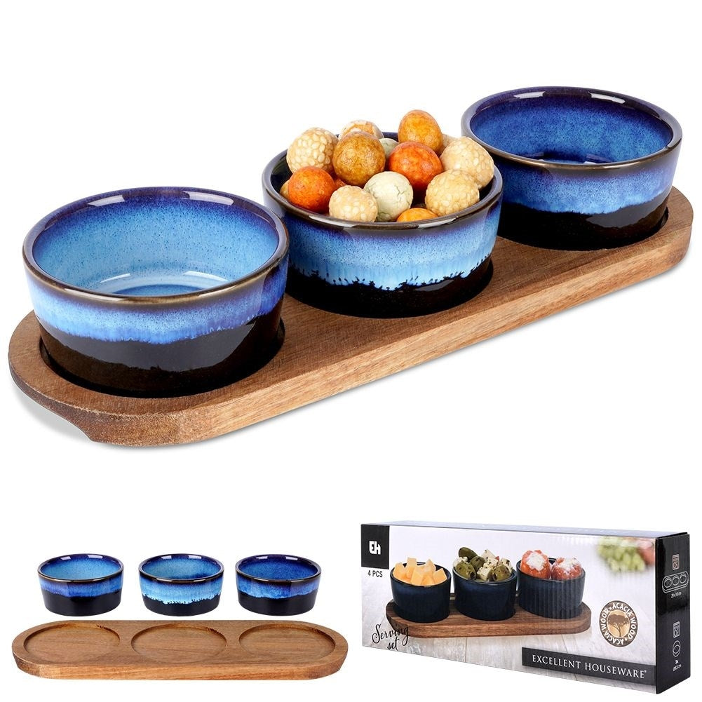Set of 3 ceramic bowls on acacia tray for snacks and dips