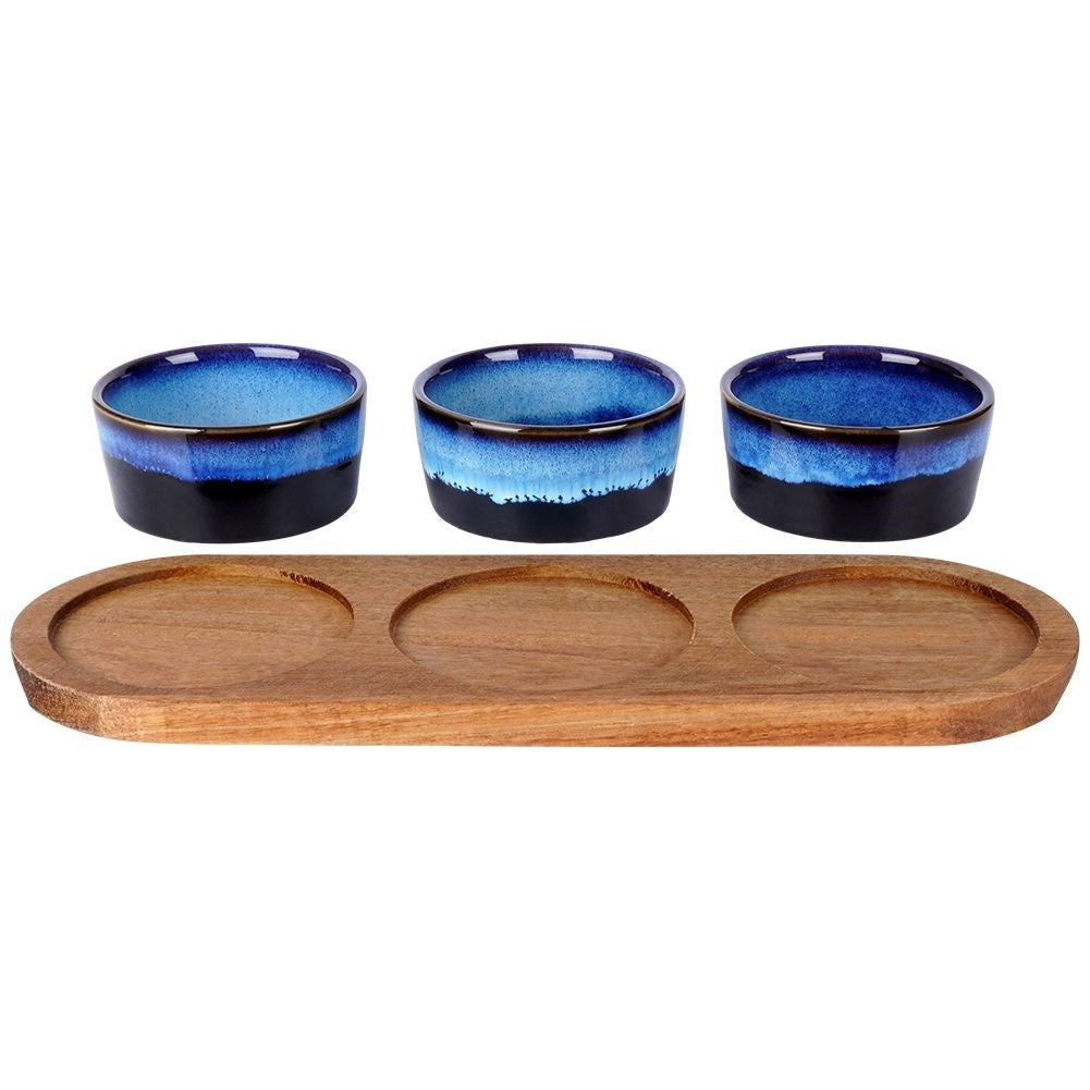 Set of 3 ceramic bowls on acacia tray for snacks and dips