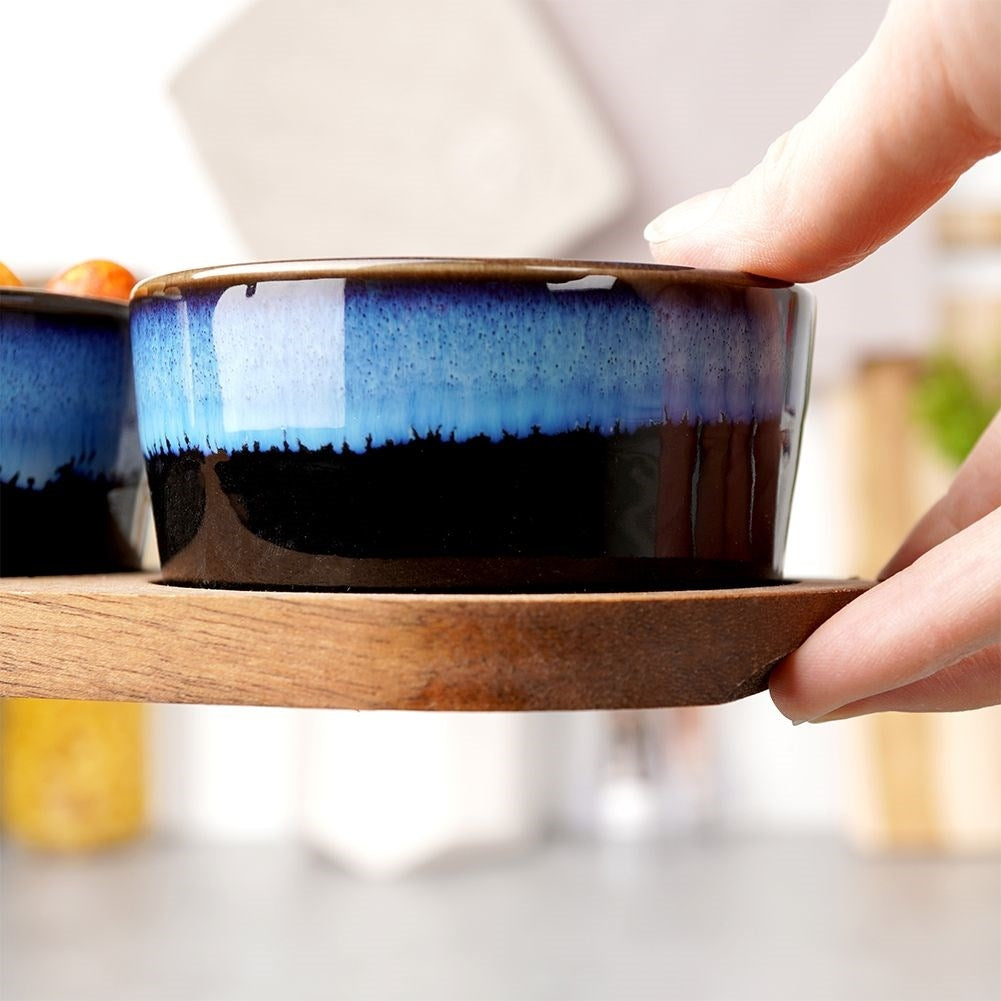 Set of 3 ceramic bowls on acacia tray for snacks and dips