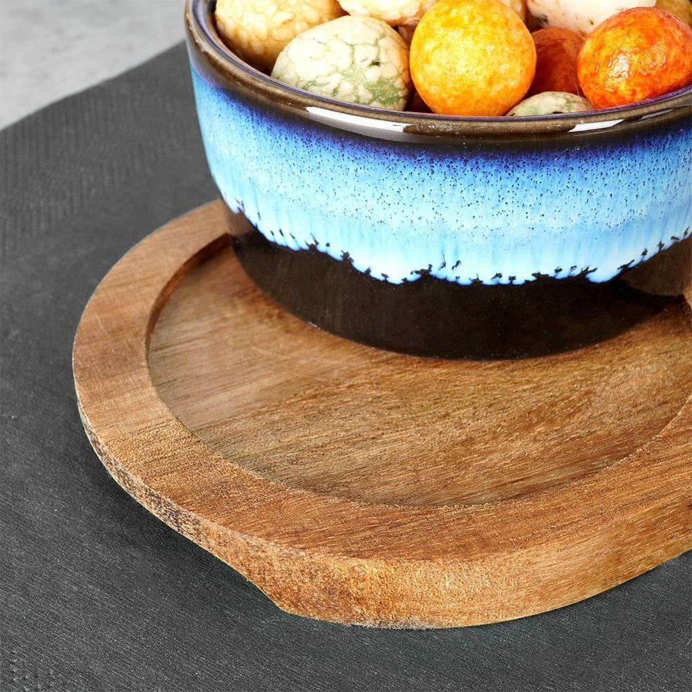 Set of 3 ceramic bowls on acacia tray for snacks and dips