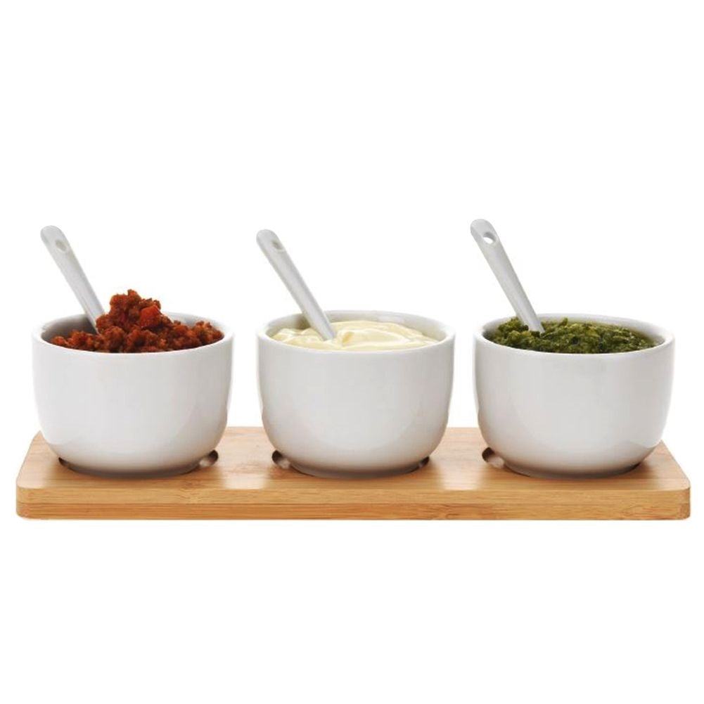 Set of 3 ceramic bowls on bamboo tray with spoons for serving
