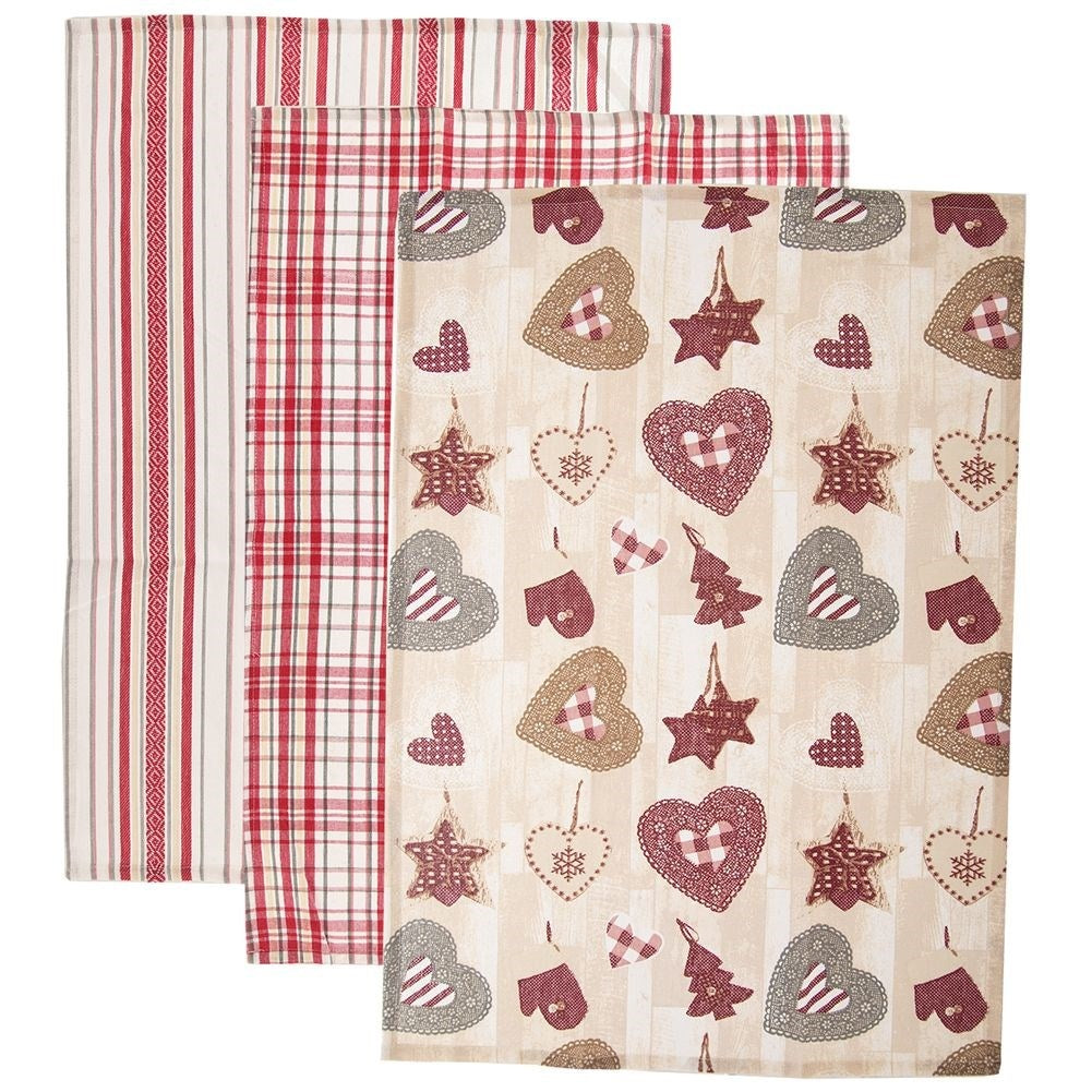 Set of 3 cotton towels in festive patterns