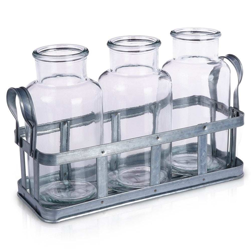 Set of 3 elegant glass vases on a stylish metal stand