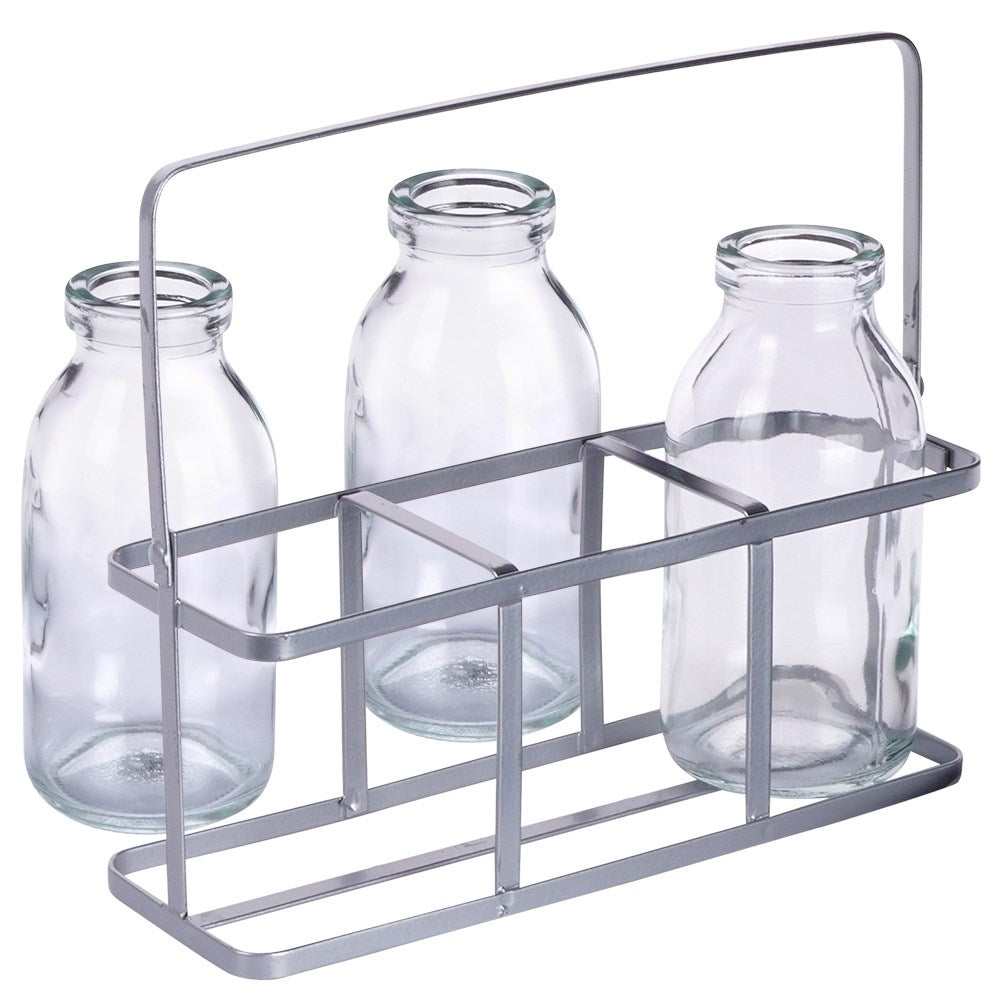 Set of 3 elegant glass vases on a stylish metal stand